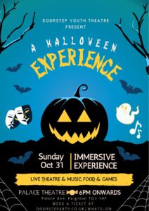 Poster with blue background, bats flying, a silhouette of a pumpkin, theatre masks and ghosts graphics